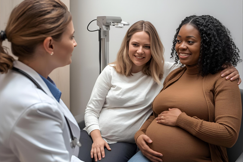 Fertility specialist in white coat sits with two women, one visibly pregnant, the other with her arm around her, during consultation. Focus on empathy and professionalism.