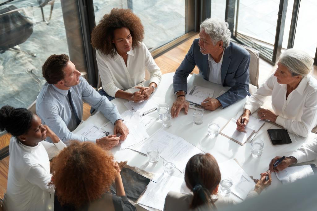 Diverse professionals&mdash;a doctor, lawyer, and social worker&mdash;converse around a modern office table.