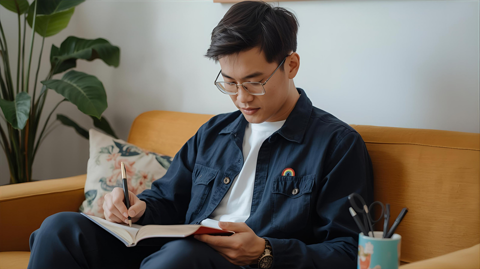 An LGBTQIA+ parent wearing a rainbow pin page engages in self-care through journaling.