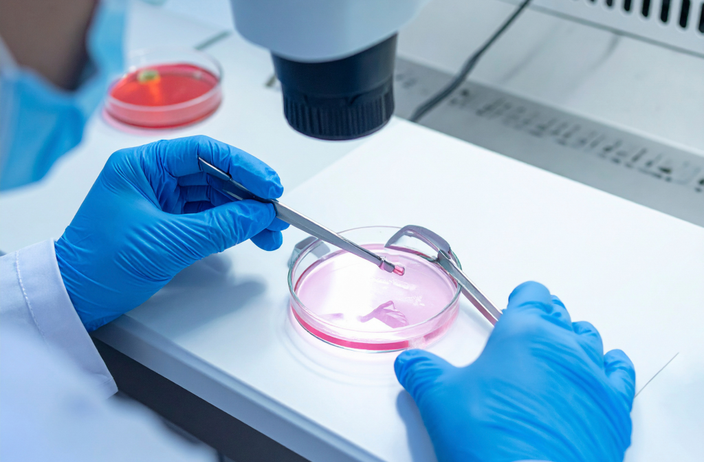 Close-up of IVF laboratory work showing an embryo being handled under a microscope